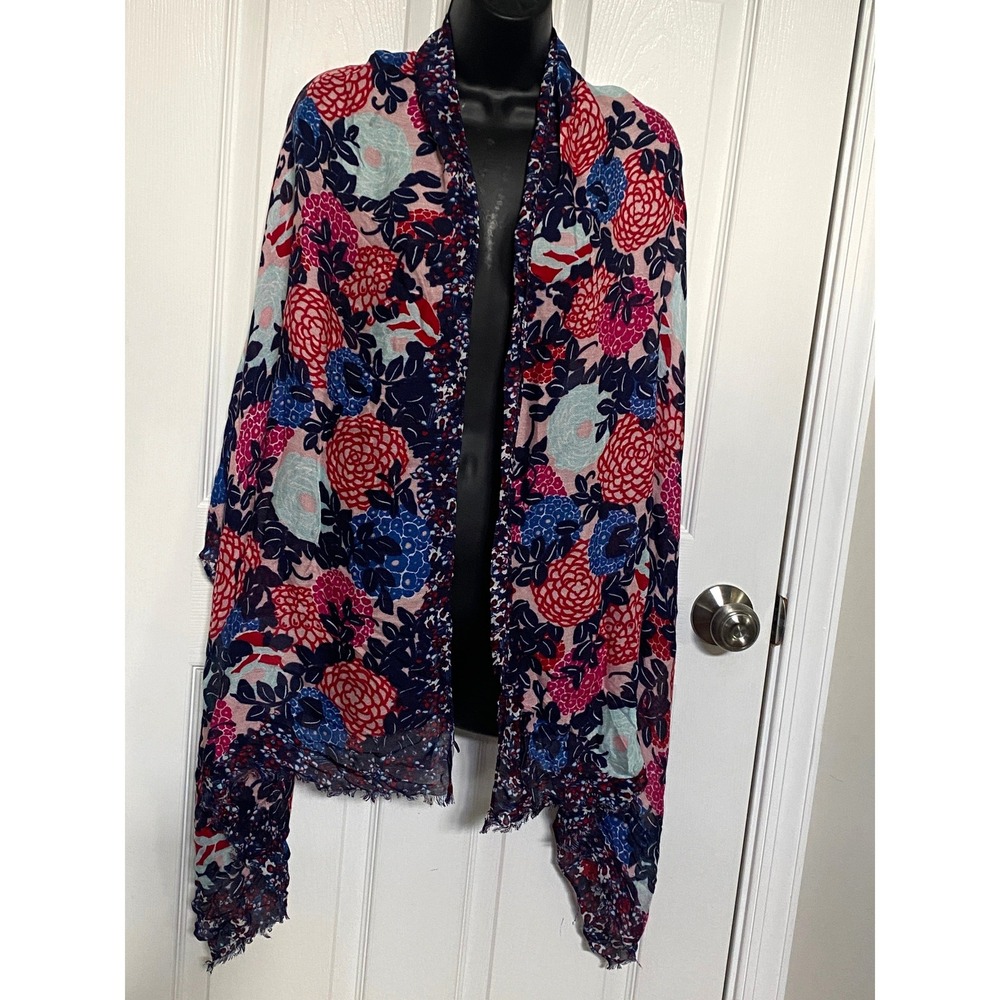 Talbots Floral Viscose Scarf Navy Blue Red Pink Eyelash Fringe Oblong Wrap 71x25